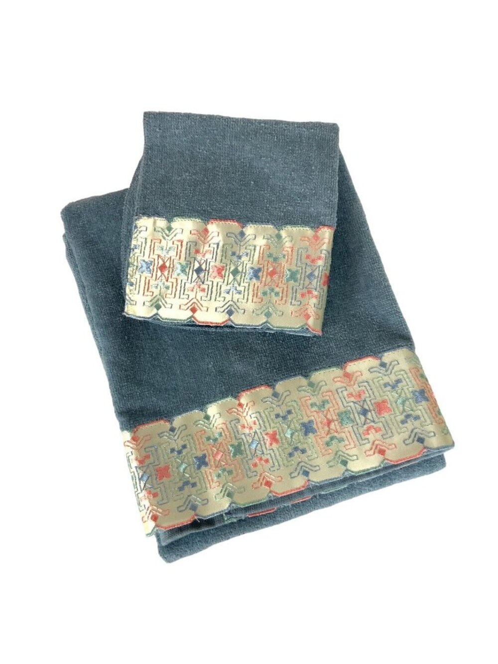 Barth Dreyfuss Bath & Washcloth Set Cotton Powder Blue With Applique Embroidery